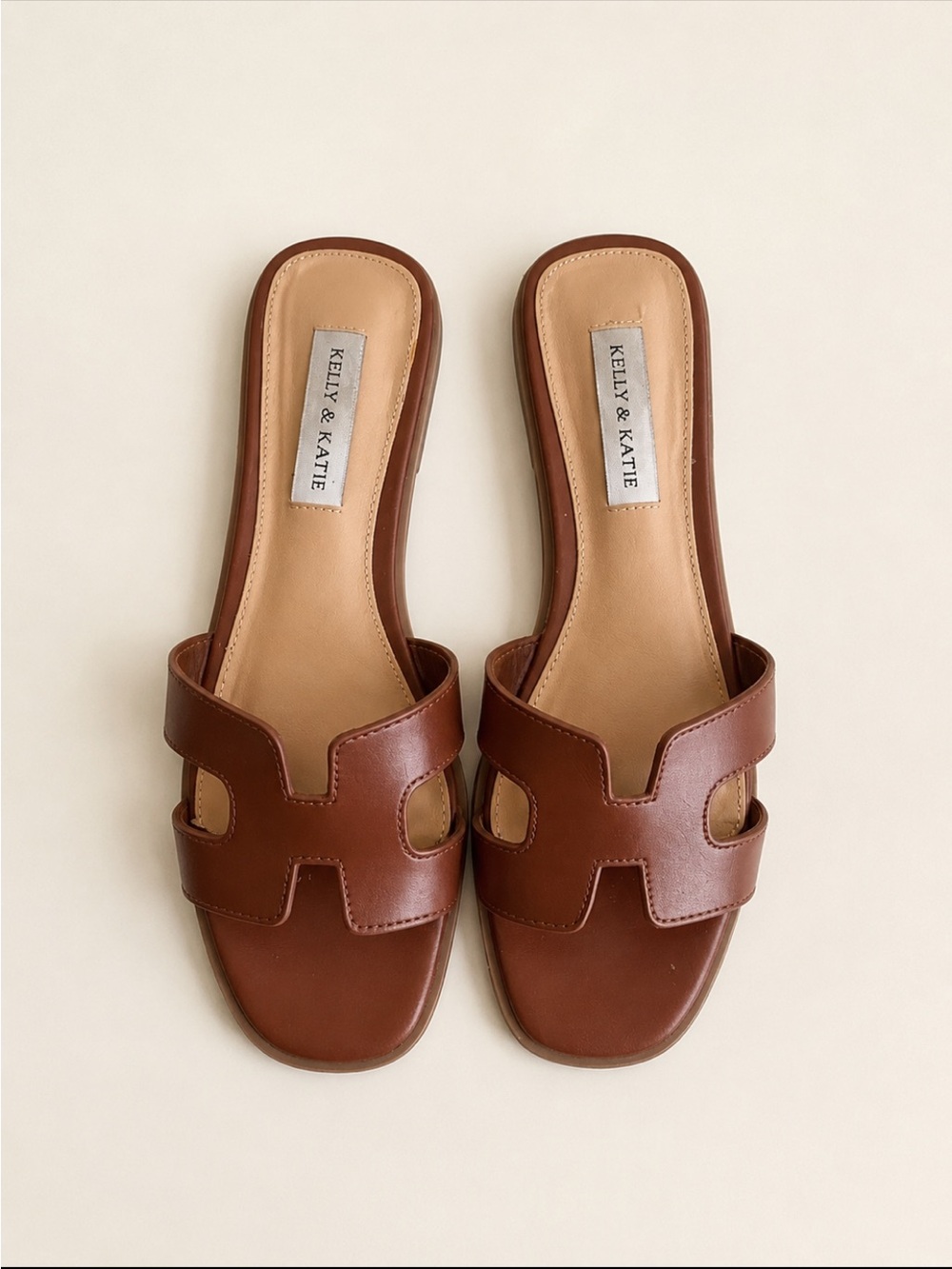 Kelly & Katie Brown H-Cut Slide Sandals Size 8 Faux Leather Slip On Luxury